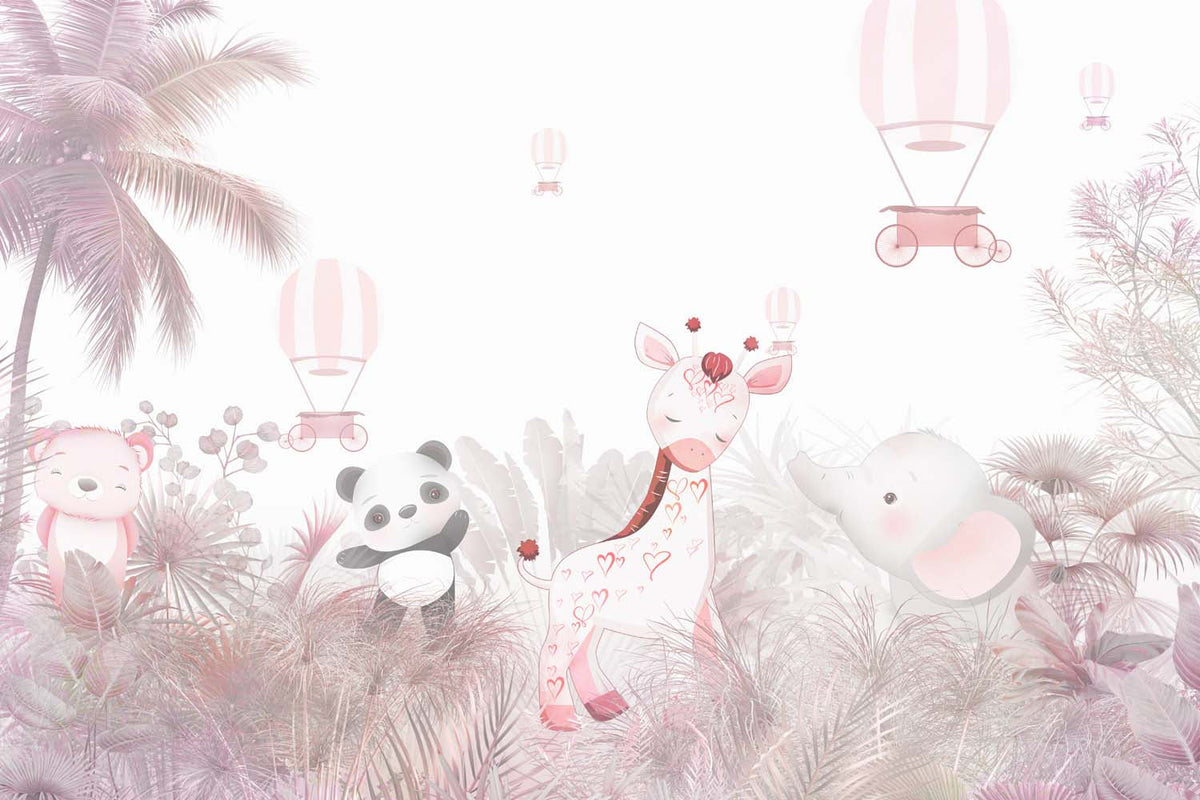 Tapet Personalizat Jungla Amazoniana cu jungla cu palmieri si vegetatie roz - PINK ANIMAL JUNGLE