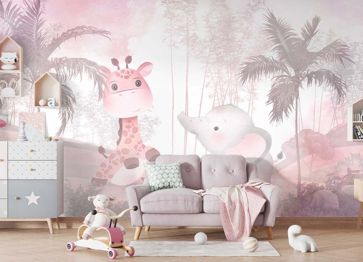 Tapet Personalizat Jungla Amazoniana cu girafa si elefant in nuante de roz  - EXOTIC PINK ANIMALS
