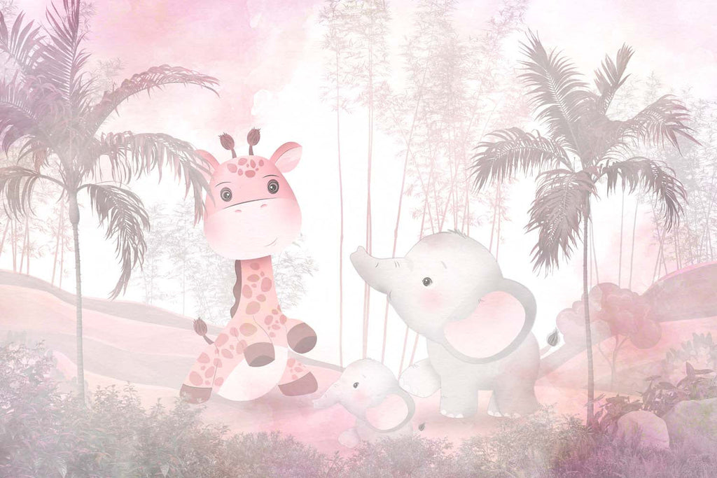 Tapet Personalizat Jungla Amazoniana cu girafa si elefant in nuante de roz  - EXOTIC PINK ANIMALS