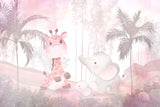 Tapet Personalizat Jungla Amazoniana cu girafa si elefant in nuante de roz  - EXOTIC PINK ANIMALS
