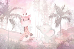 Tapet Personalizat Jungla Amazoniana cu girafa si elefant in nuante de roz  - EXOTIC PINK ANIMALS