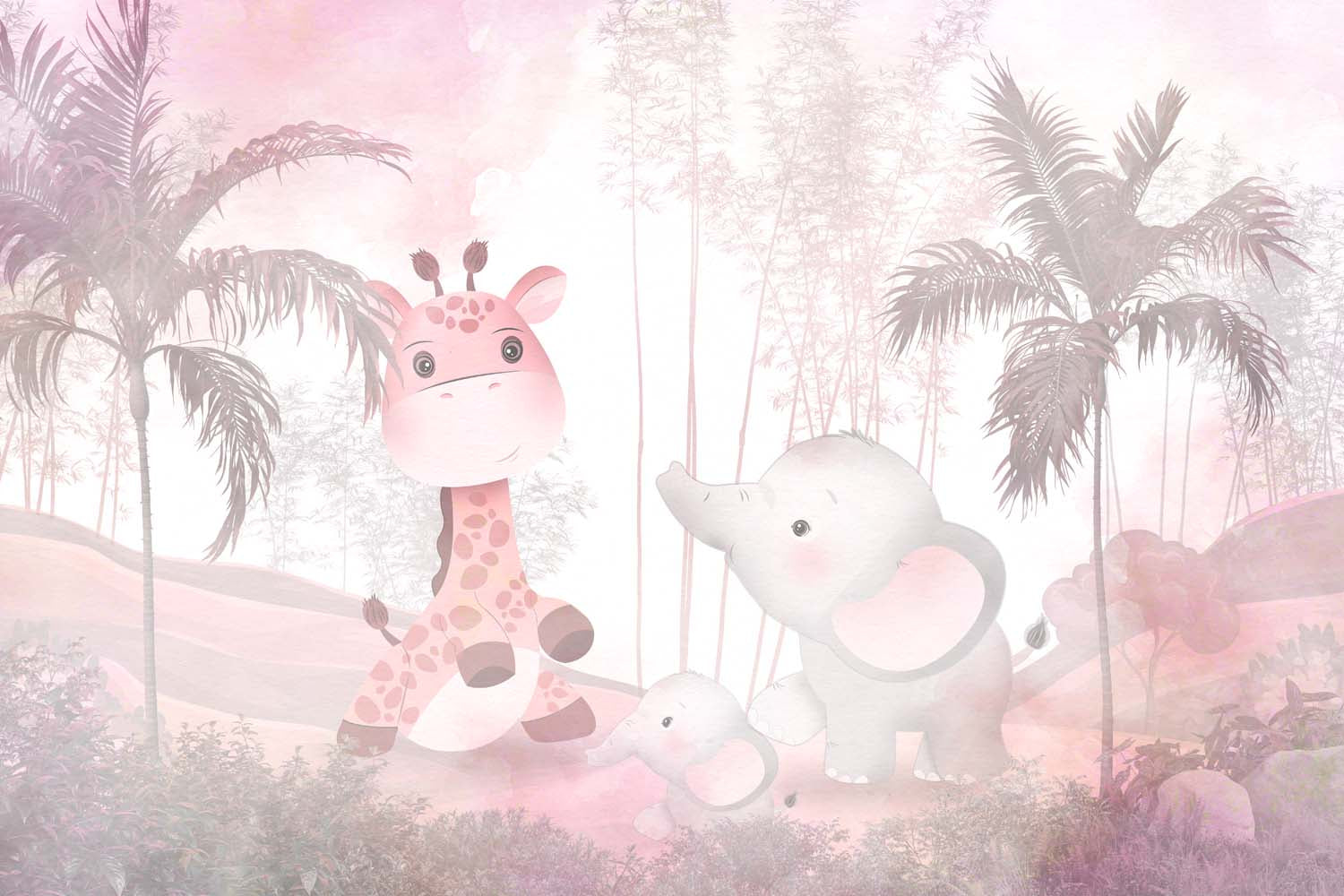 Tapet Personalizat Jungla Amazoniana cu girafa si elefant in nuante de roz  - EXOTIC PINK ANIMALS