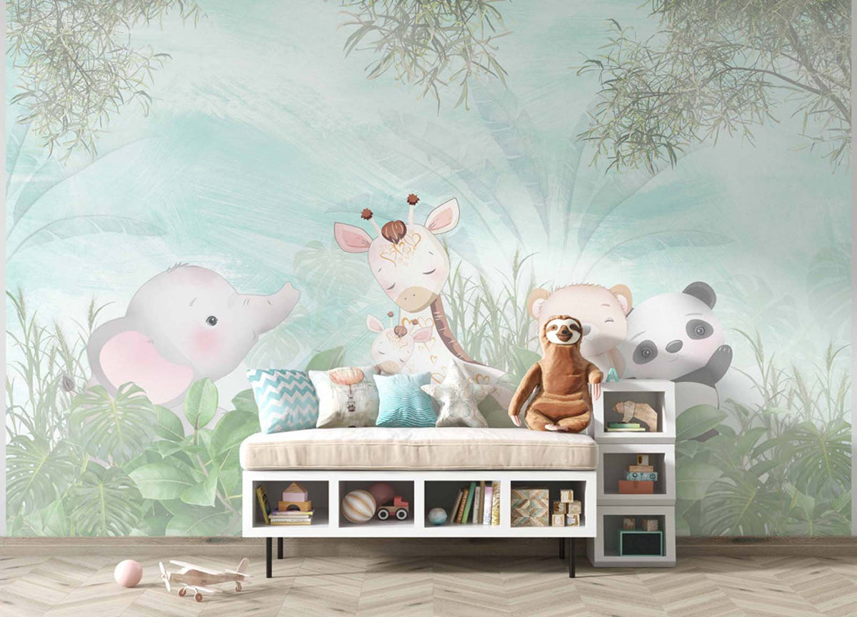 Tapet Personalizat Jungla Amazoniana cu vegetatie si animale exotice pe un fundal turcoaz - PASTEL AMAZONIAN FOREST
