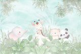 Tapet Personalizat Jungla Amazoniana cu vegetatie si animale exotice pe un fundal turcoaz - PASTEL AMAZONIAN FOREST
