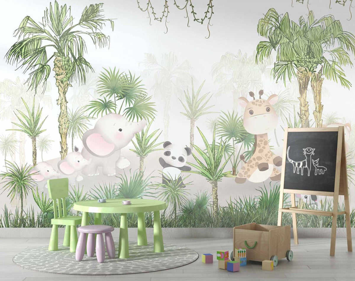 Tapet Personalizat Jungla Amazoniana cu jungla cu palmieri desenati si animale exotice - DOODLE AMAZON PALMS
