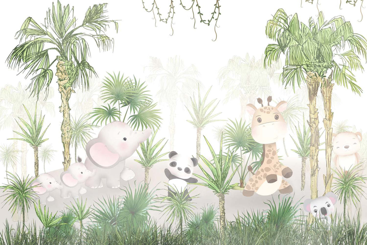 Tapet Personalizat Jungla Amazoniana cu jungla cu palmieri desenati si animale exotice - DOODLE AMAZON PALMS