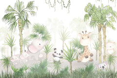 Tapet Personalizat Jungla Amazoniana cu jungla cu palmieri desenati si animale exotice - DOODLE AMAZON PALMS