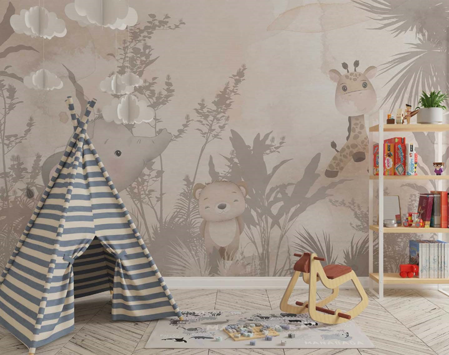 Tapet Personalizat Jungla Amazoniana cu vegetatie tropicala in nuante de bej si fundal watercolor - EXOTIC BEIGE WATERCOLOR