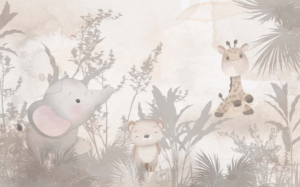 Tapet Personalizat Jungla Amazoniana cu vegetatie tropicala in nuante de bej si fundal watercolor - EXOTIC BEIGE WATERCOLOR