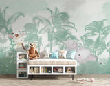 Tapet Personalizat Jungla Amazoniana cu vegetatie tropicala in nuante de verde si fundal watercolor - GREEN ELEPHANT JUNGLE