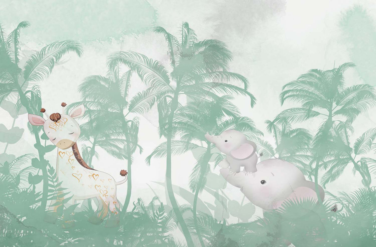Tapet Personalizat Jungla Amazoniana cu vegetatie tropicala in nuante de verde si fundal watercolor - GREEN ELEPHANT JUNGLE