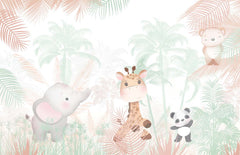 Tapet Personalizat Jungla Amazoniana cu vegetatie tropicala pastel si animalute  - WARM PALM JUNGLE