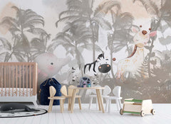 Tapet Personalizat Jungla Amazoniana cu palmieri maro si animalute ascunse in vegetatie  - BROWN HIDE AND SEEK