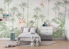 Tapet Personalizat Jungla Amazoniana cu padure exotica de palmieri verzi si animalute ascunse in vegetatie  - GREEN FADED AMAZON