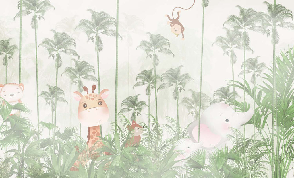 Tapet Personalizat Jungla Amazoniana cu padure exotica de palmieri verzi si animalute ascunse in vegetatie  - GREEN FADED AMAZON