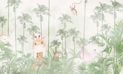 Tapet Personalizat Jungla Amazoniana cu padure exotica de palmieri verzi si animalute ascunse in vegetatie  - GREEN FADED AMAZON