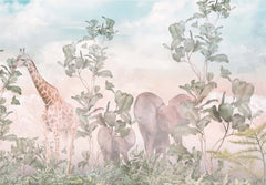 Tapet Personalizat Jungla Amazoniana cu girafe si elefanti in vegetatie tropicala - SUNSET AMAZON WALK