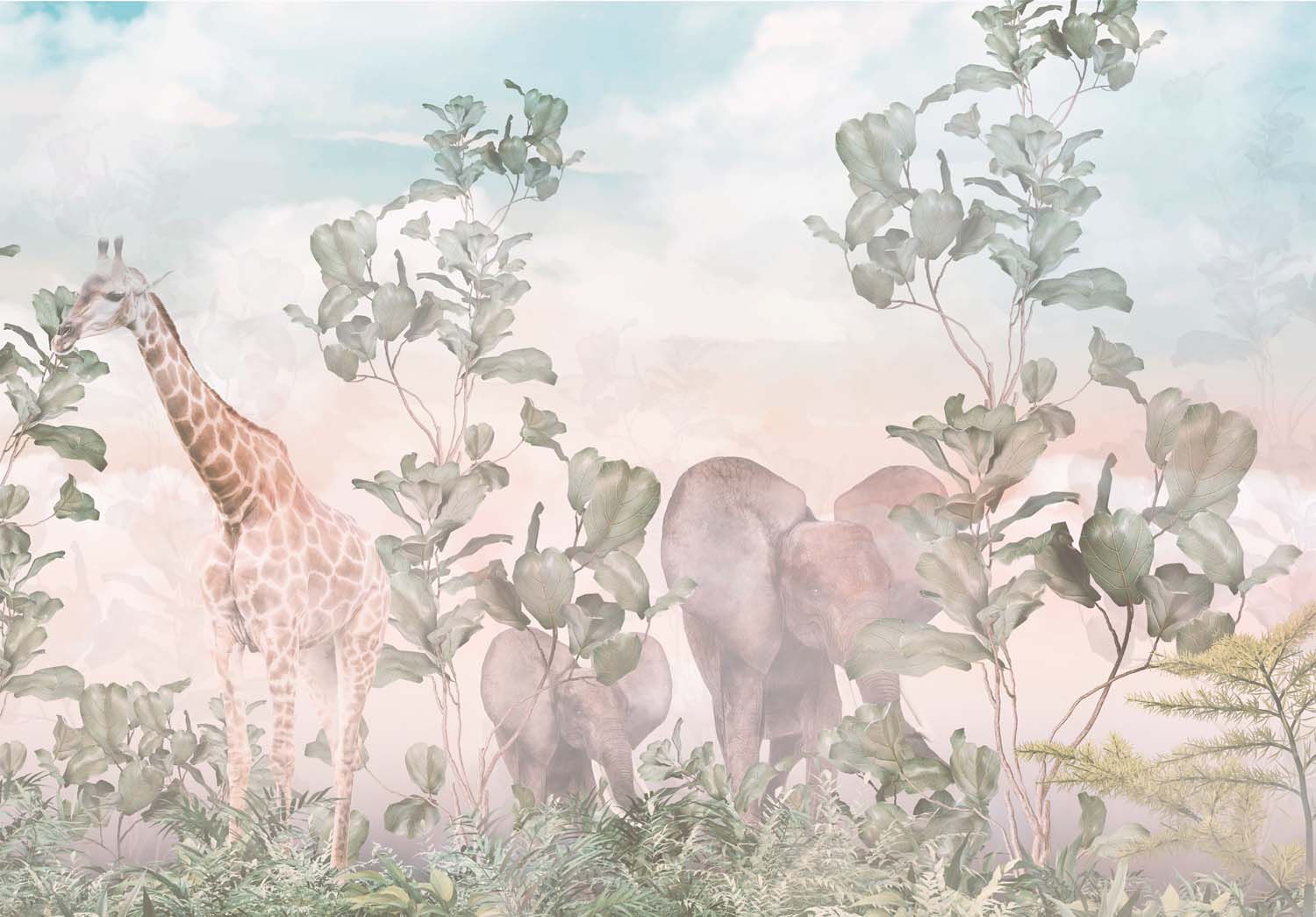 Tapet Personalizat Jungla Amazoniana cu girafe si elefanti in vegetatie tropicala - SUNSET AMAZON WALK