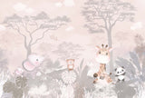 Tapet Personalizat Jungla Amazoniana cu animalute printre copaci si vegetatie in roz pastel - DUSTED PINK SAFARI
