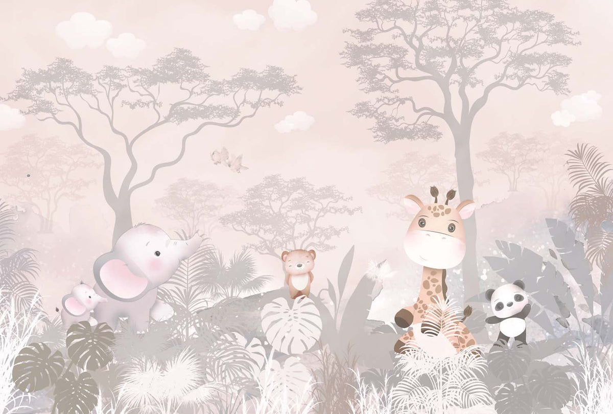 Tapet Personalizat Jungla Amazoniana cu animalute printre copaci si vegetatie in roz pastel - DUSTED PINK SAFARI