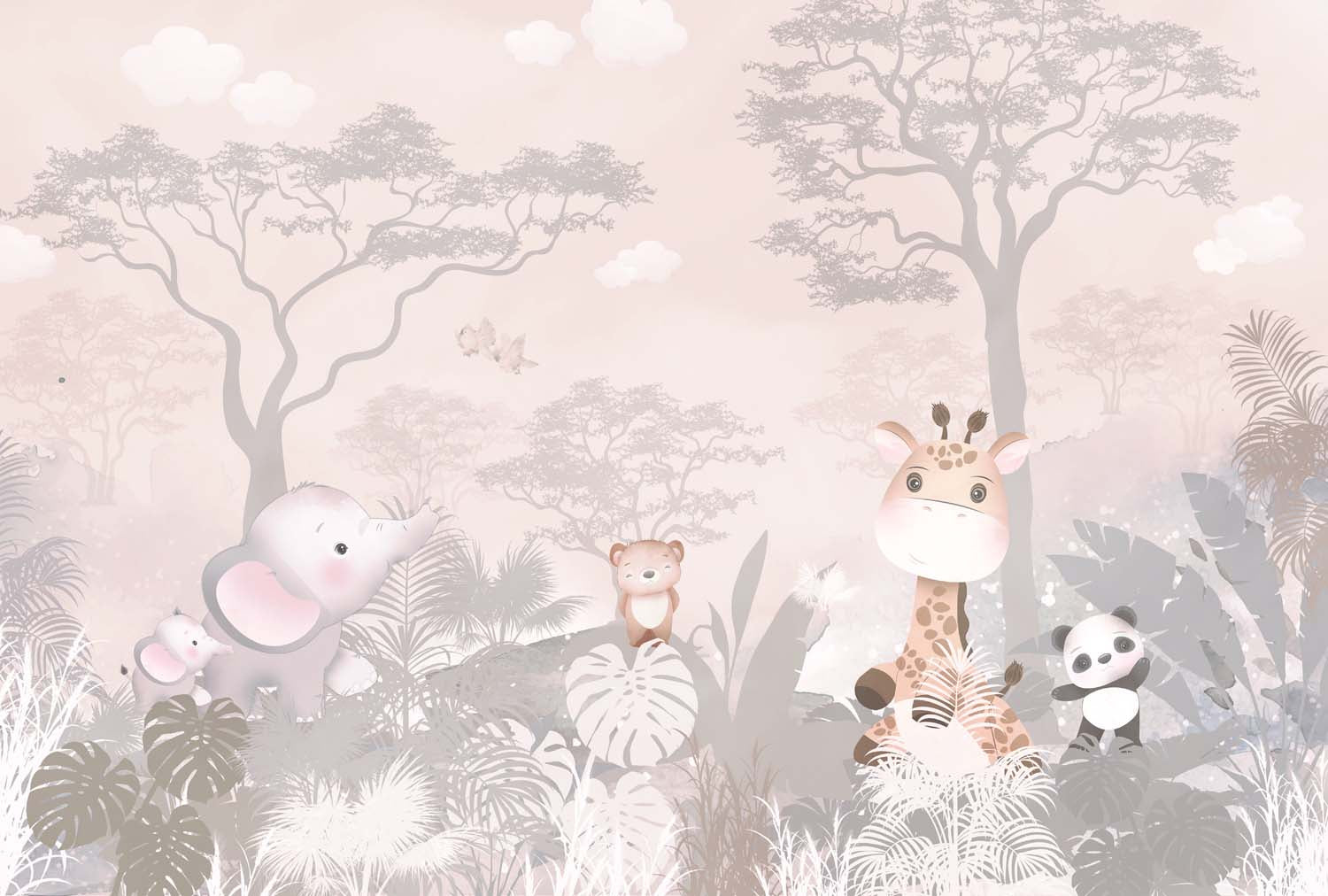 Tapet Personalizat Jungla Amazoniana cu animalute printre copaci si vegetatie in roz pastel - DUSTED PINK SAFARI