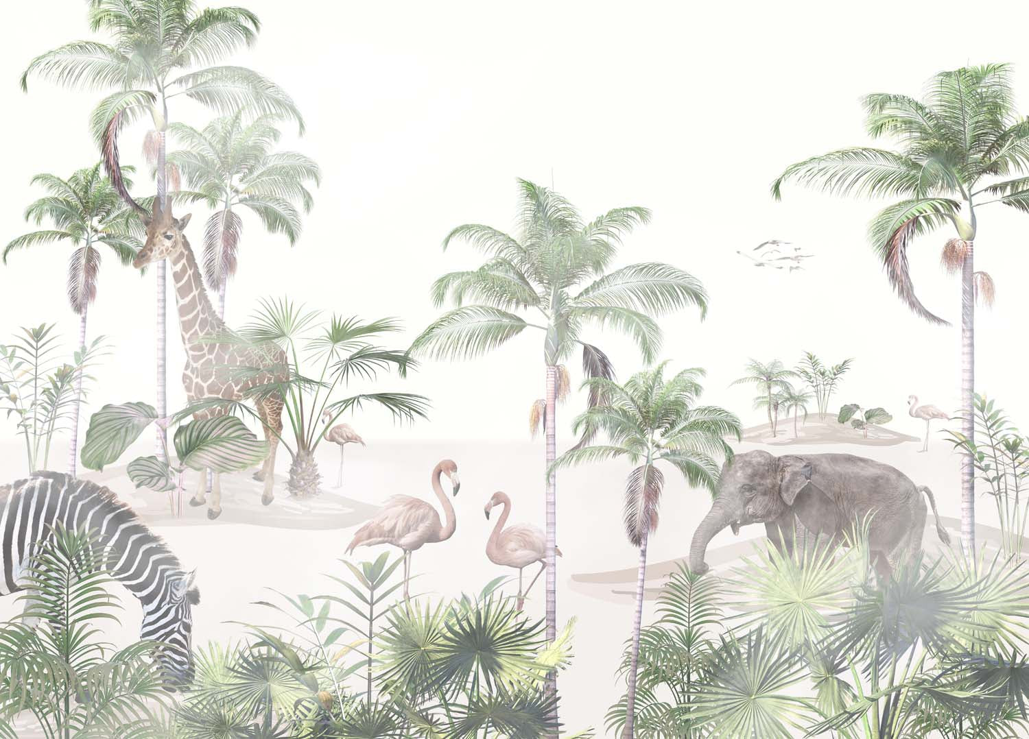 Tapet Personalizat Jungla Amazoniana cu animale in vegetatie desertica si dune de nisip pe un fundal alb - SAND DUNES PALM