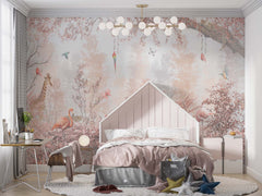 Tapet Personalizat Jungla Amazoniana cu padure in nuante de roz cu flamingo si animale exotice - WARM PINK FOREST