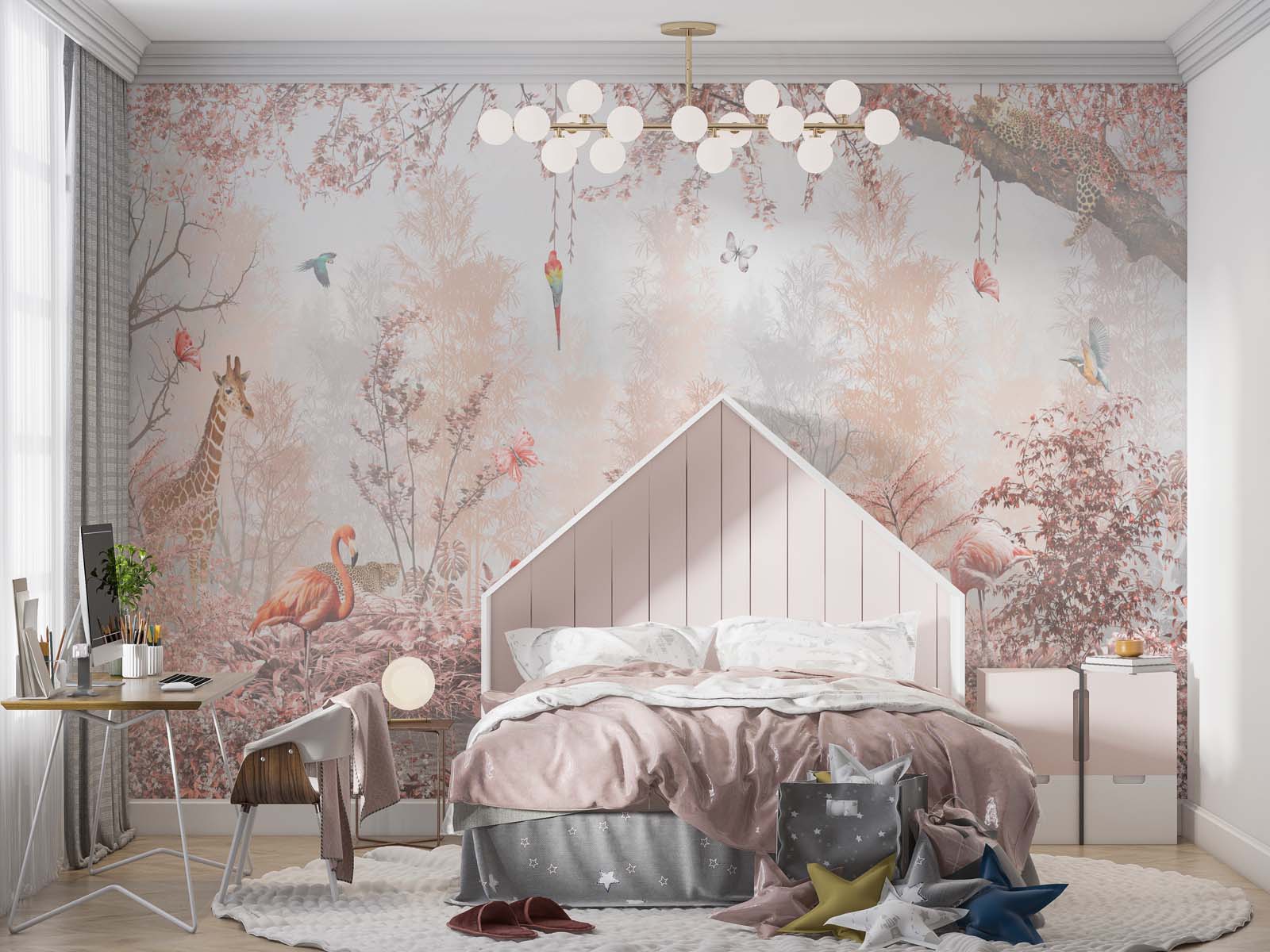 Tapet Personalizat Jungla Amazoniana cu padure in nuante de roz cu flamingo si animale exotice - WARM PINK FOREST