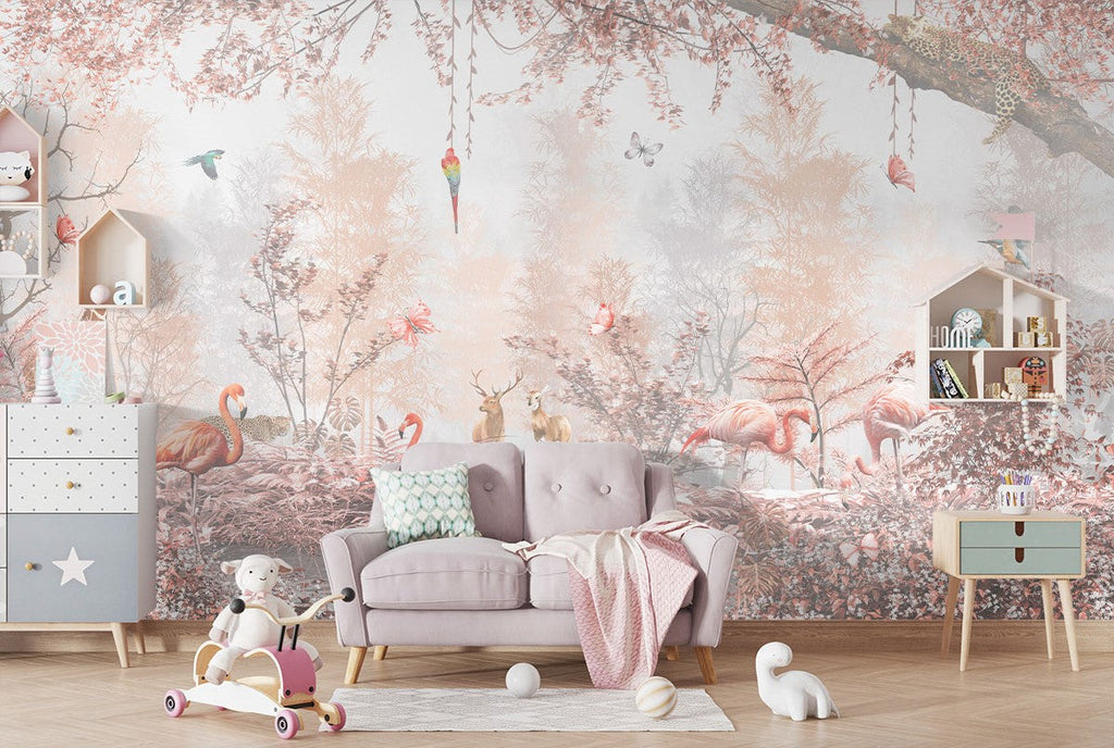 Tapet Personalizat Jungla Amazoniana cu padure in nuante de roz cu flamingo si animale exotice - WARM PINK FOREST