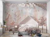 Tapet Personalizat Jungla Amazoniana cu padure in nuante de roz cu flamingo si animale exotice - WARM PINK FOREST