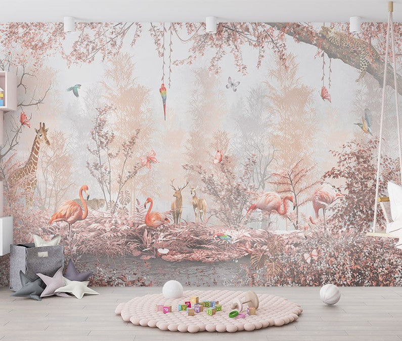 Tapet Personalizat Jungla Amazoniana cu padure in nuante de roz cu flamingo si animale exotice - WARM PINK FOREST