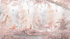 Tapet Personalizat Jungla Amazoniana cu padure in nuante de roz cu flamingo si animale exotice - WARM PINK FOREST