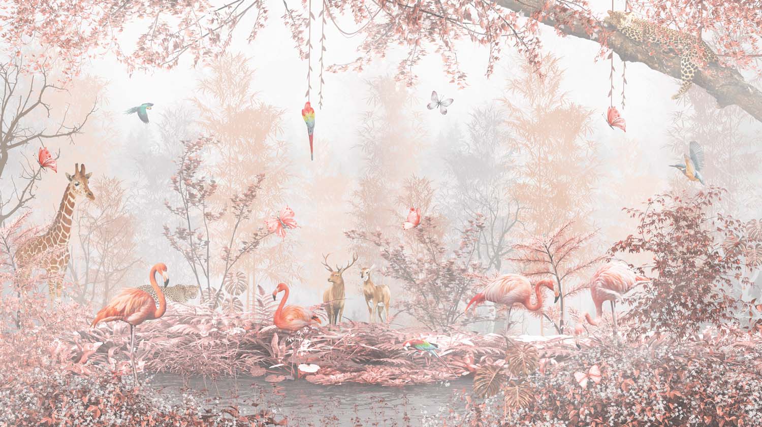 Tapet Personalizat Jungla Amazoniana cu padure in nuante de roz cu flamingo si animale exotice - WARM PINK FOREST