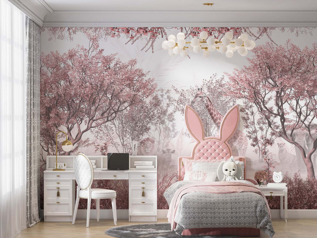 Tapet Personalizat Jungla Amazoniana cu padure in nuante de roz intens si animale exotice - INTENSE PINK FOREST