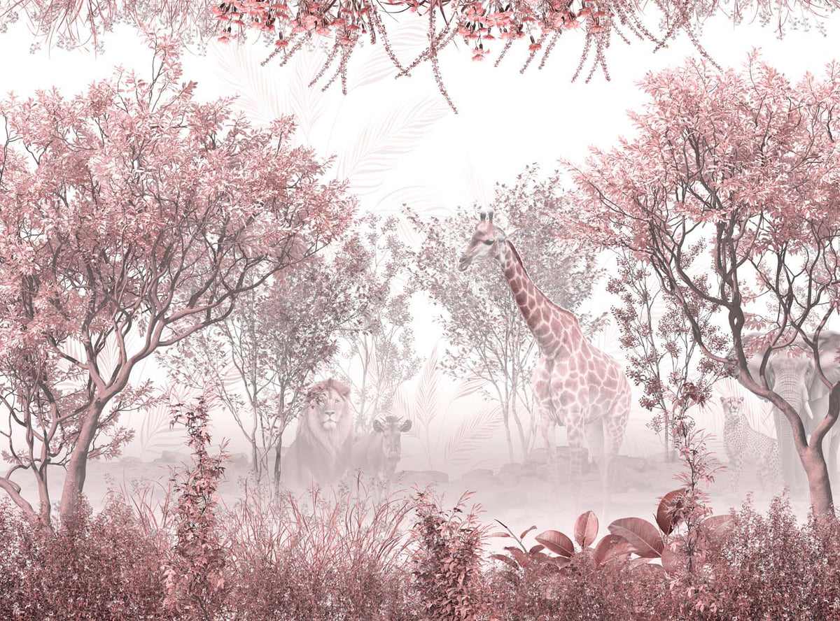 Tapet Personalizat Jungla Amazoniana cu padure in nuante de roz intens si animale exotice - INTENSE PINK FOREST