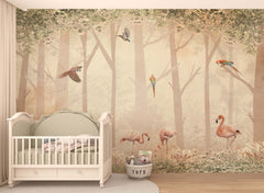 Tapet Personalizat Jungla Amazoniana cu padure, papagali si flamingo - BIRD'S FOREST NEST