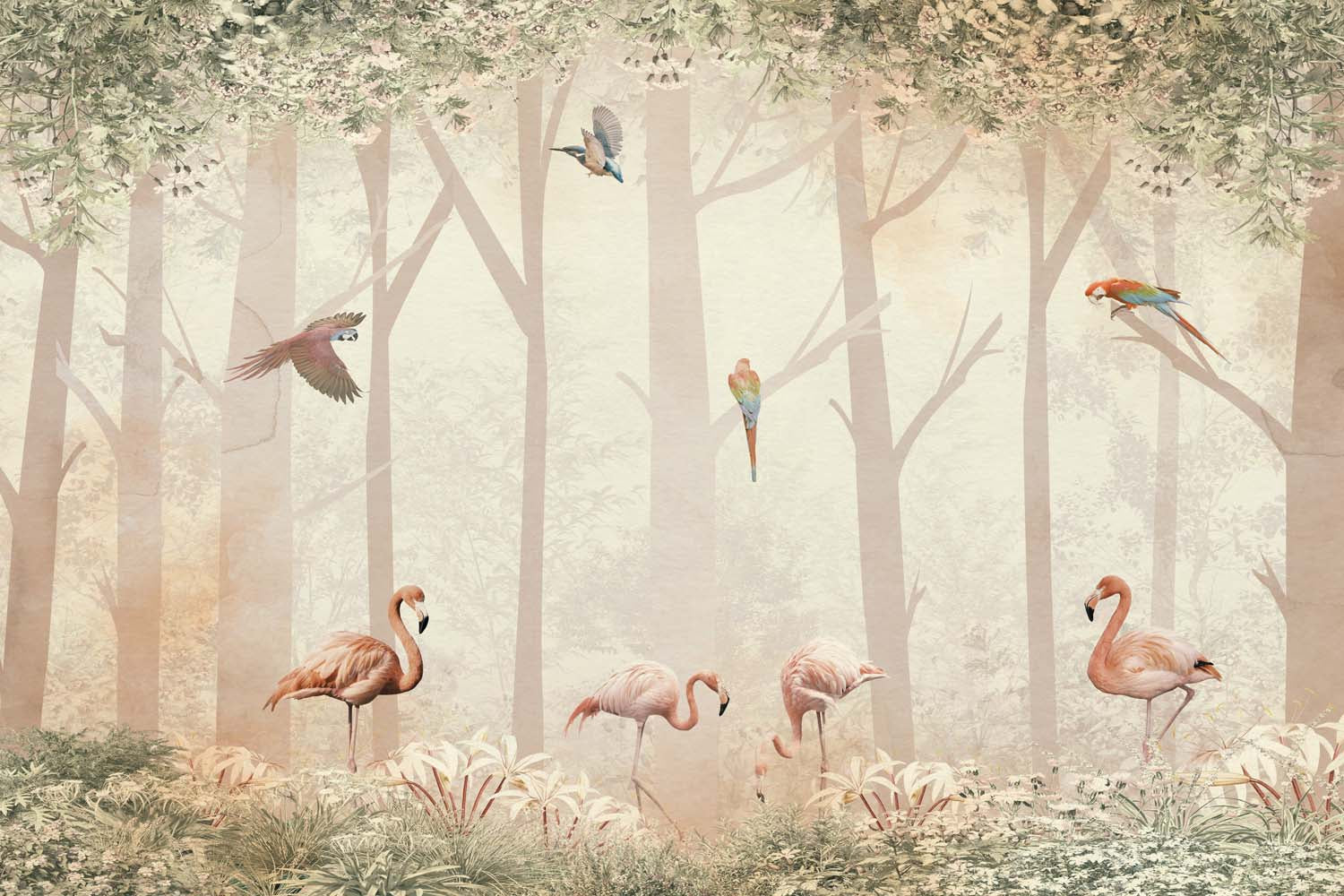Tapet Personalizat Jungla Amazoniana cu padure, papagali si flamingo - BIRD'S FOREST NEST
