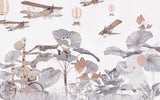 Tapet Personalizat Jungla Amazoniana cu animalute printre palmieri gri si avioane pe cer - CROWDED JUNGLE