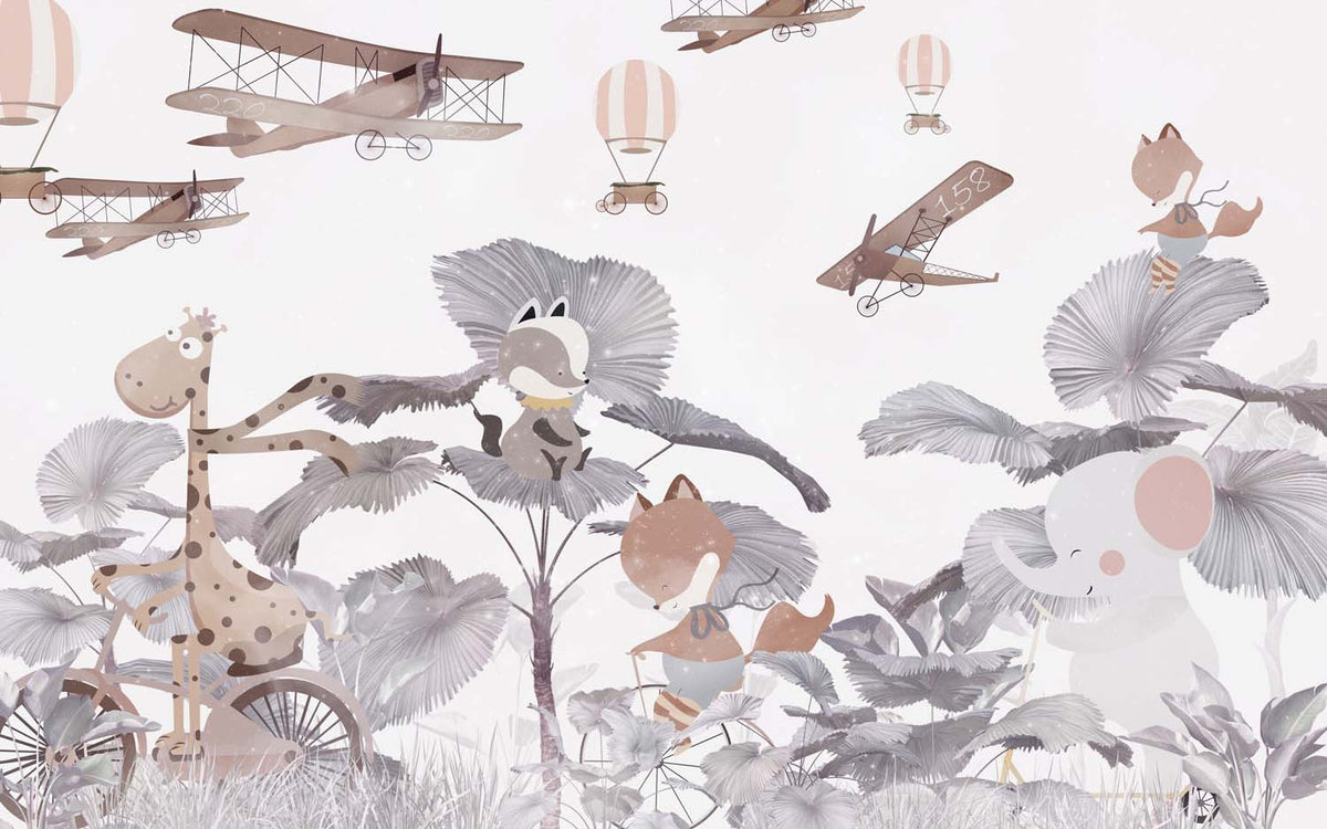 Tapet Personalizat Jungla Amazoniana cu animalute printre palmieri gri si avioane pe cer - CROWDED JUNGLE