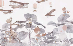 Tapet Personalizat Jungla Amazoniana cu animalute printre palmieri gri si avioane pe cer - CROWDED JUNGLE