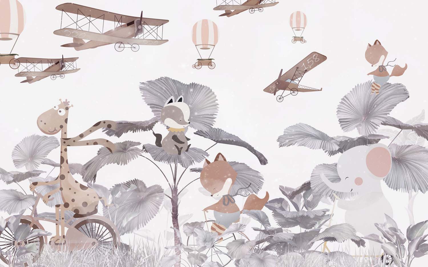 Tapet Personalizat Jungla Amazoniana cu animalute printre palmieri gri si avioane pe cer - CROWDED JUNGLE