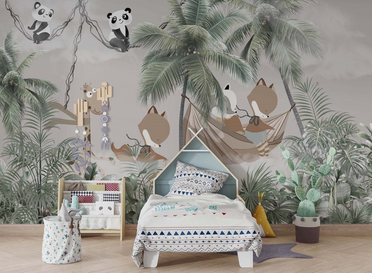 Tapet Personalizat Jungla Amazoniana cu jungla tropicala, animale in hamac si cer innorat - CLOUDY JUNGLE ANIMALS