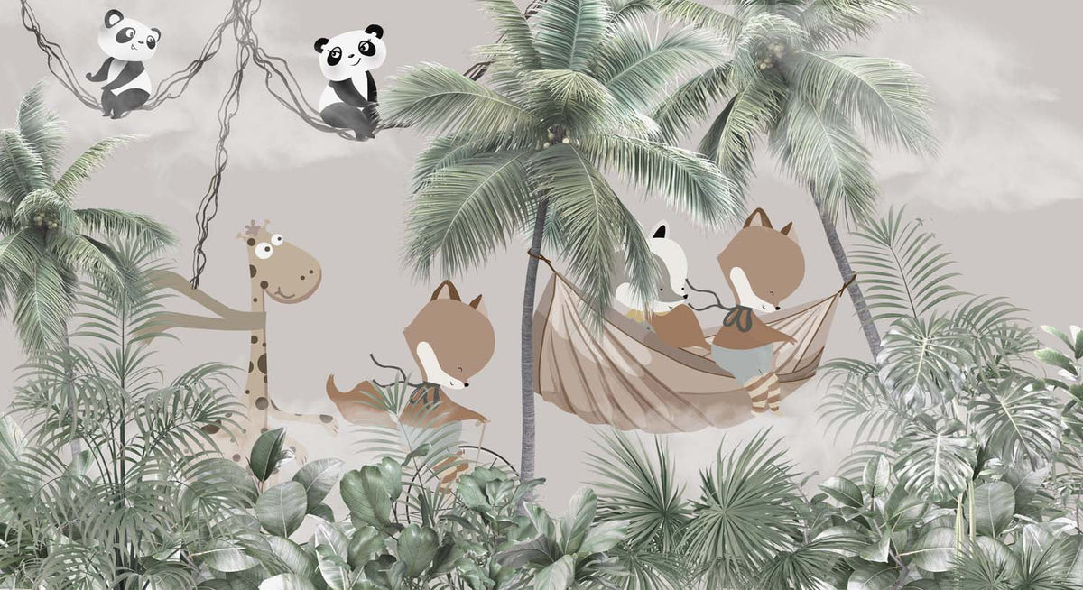 Tapet Personalizat Jungla Amazoniana cu jungla tropicala, animale in hamac si cer innorat - CLOUDY JUNGLE ANIMALS