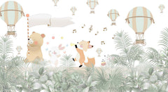 Tapet Personalizat Jungla Amazoniana cu animale cantand prin padurea tropcala si baloane cu aer cald pe cer - MUSICAL JUNGLE MARCH