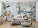 Tapet Personalizat Jungla Amazoniana cu vulpi in vegetatie inalta si panda in liane  - SUNNY JUNGLE ANIMALS