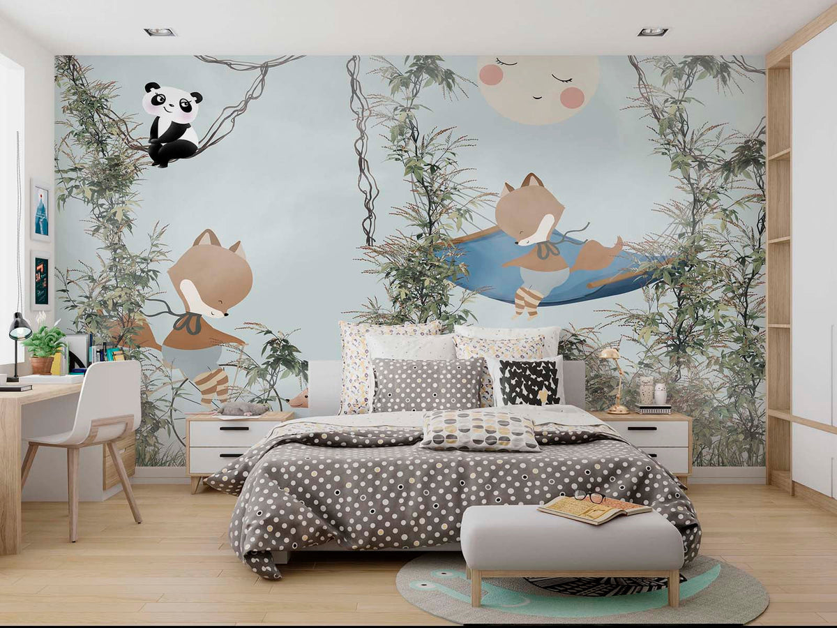 Tapet Personalizat Jungla Amazoniana cu vulpi in vegetatie inalta si panda in liane  - SUNNY JUNGLE ANIMALS