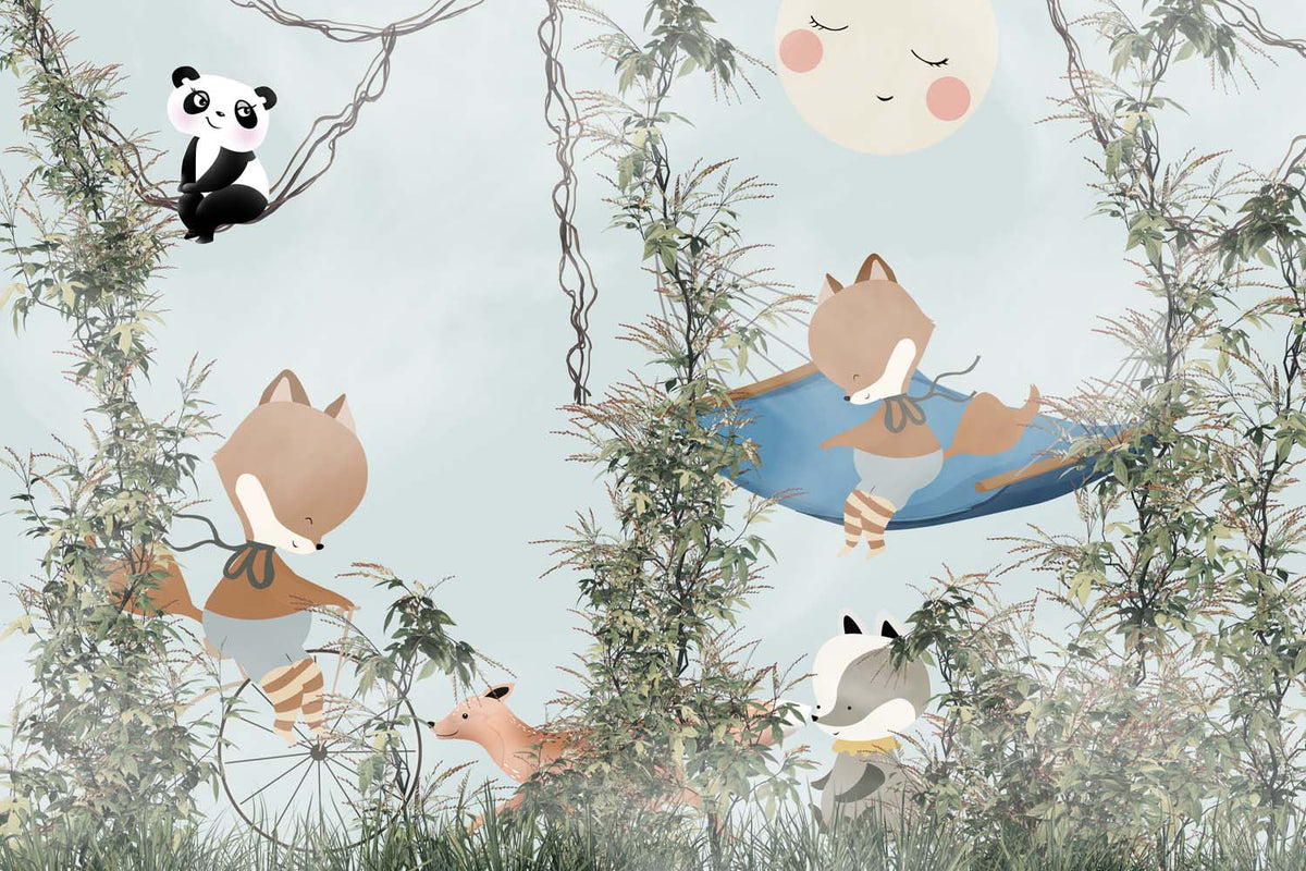 Tapet Personalizat Jungla Amazoniana cu vulpi in vegetatie inalta si panda in liane  - SUNNY JUNGLE ANIMALS