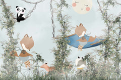 Tapet Personalizat Jungla Amazoniana cu vulpi in vegetatie inalta si panda in liane  - SUNNY JUNGLE ANIMALS