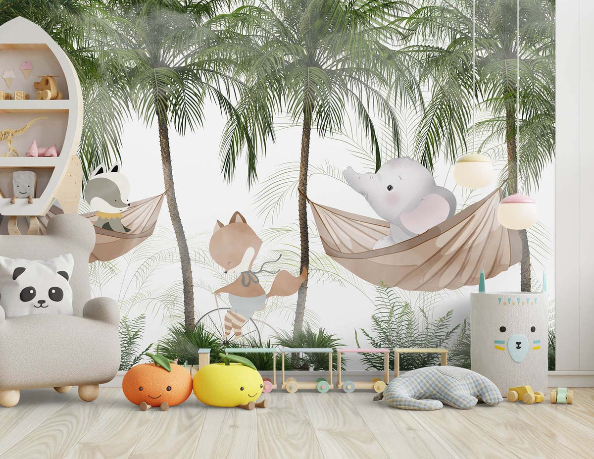 Tapet Personalizat Jungla Amazoniana cu animale in hamace maro in padurea de palmieri  - BROWN HAMMOCK TIME