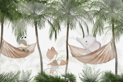 Tapet Personalizat Jungla Amazoniana cu animale in hamace maro in padurea de palmieri  - BROWN HAMMOCK TIME